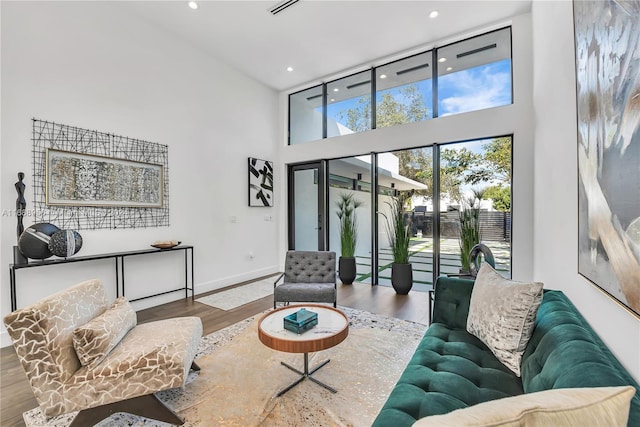 living room featuring light hardwood / wood-style flooring and a towering ceiling