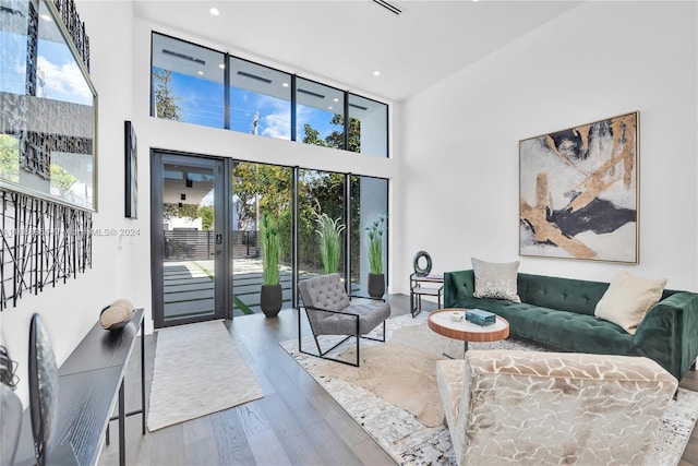 living room featuring a towering ceiling and hardwood / wood-style floors