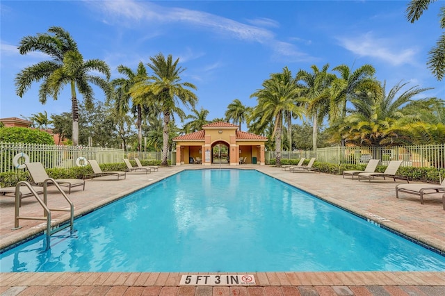 view of swimming pool featuring a patio