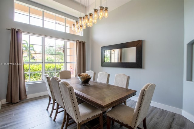 dining space featuring a towering ceiling, hardwood / wood-style floors, and a chandelier