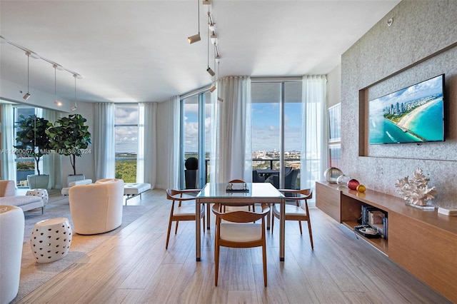 dining area featuring expansive windows, light hardwood / wood-style floors, and track lighting