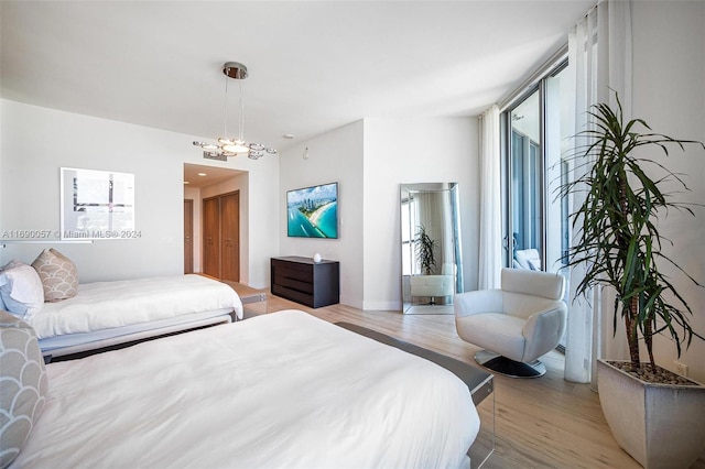 bedroom with light hardwood / wood-style flooring and multiple windows