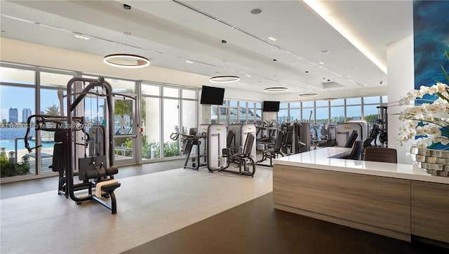 exercise room featuring concrete flooring