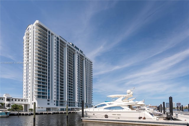 view of building exterior featuring a water view