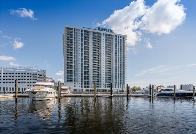 property view of water featuring a boat dock