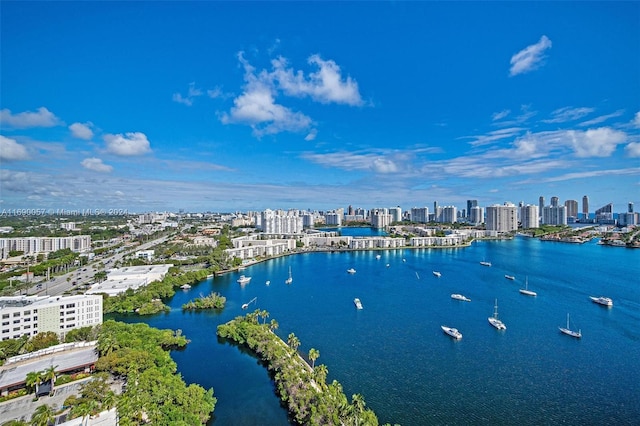 aerial view featuring a water view