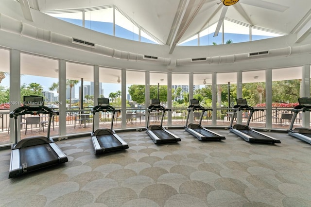 workout area with carpet flooring, high vaulted ceiling, and a wealth of natural light