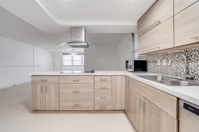 kitchen with light brown cabinets, stainless steel appliances, sink, and island range hood