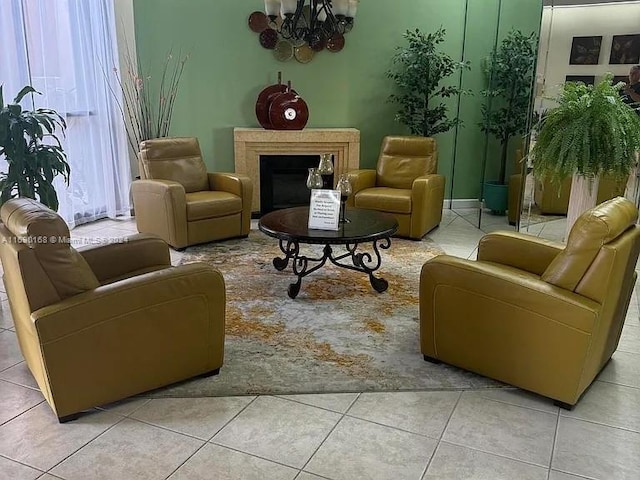 living area featuring light tile patterned flooring