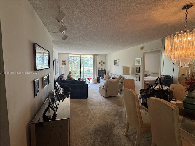 1100 Saint Charles Pl Unit 203, Pembroke Pines, FL 33026 - living room with a textured ceiling, a chandelier, carpet floors, and track lighting