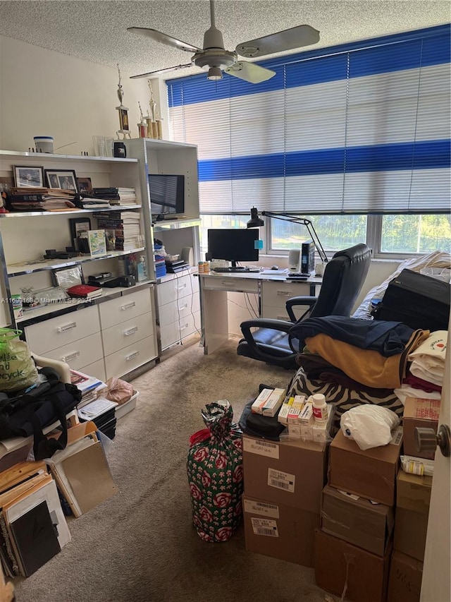 office area featuring ceiling fan, a textured ceiling, and carpet