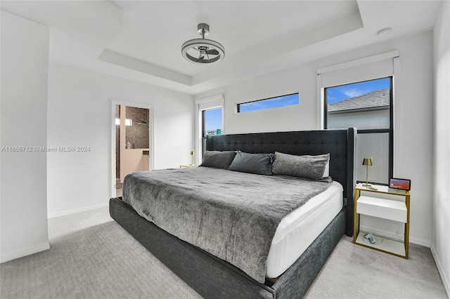 carpeted bedroom with a raised ceiling and ensuite bathroom