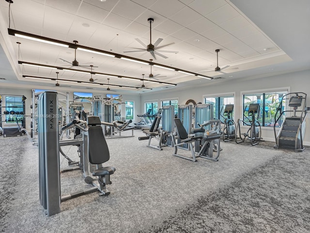 workout area featuring carpet floors and a tray ceiling