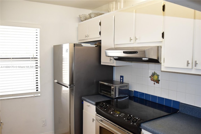 kitchen featuring ventilation hood, white cabinets, electric stove, and tasteful backsplash