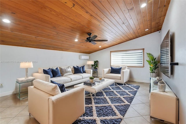 tiled living room featuring wooden ceiling, ceiling fan, and vaulted ceiling