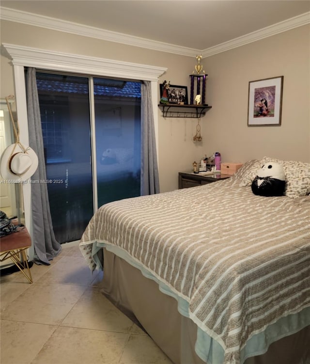 bedroom with light tile patterned flooring and crown molding