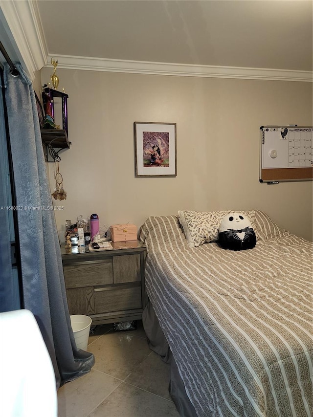 tiled bedroom with crown molding