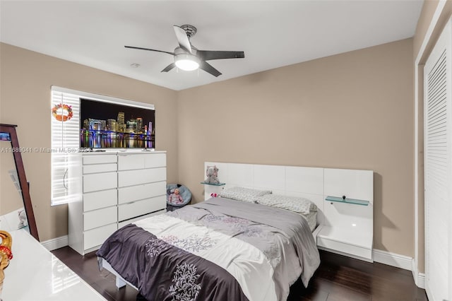 bedroom with multiple windows, dark wood-type flooring, ceiling fan, and a closet