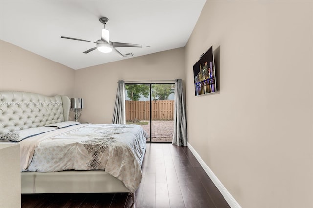 bedroom with dark hardwood / wood-style flooring, access to outside, lofted ceiling, and ceiling fan