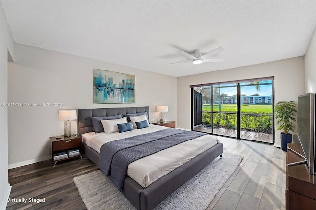 bedroom featuring ceiling fan, access to exterior, and wood-type flooring