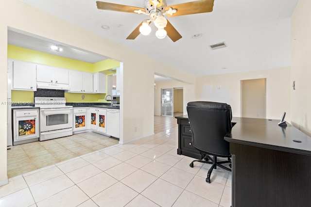 home office with ceiling fan, sink, and light tile patterned flooring