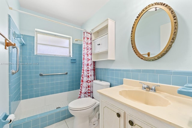 bathroom with walk in shower, tile patterned flooring, vanity, toilet, and tile walls