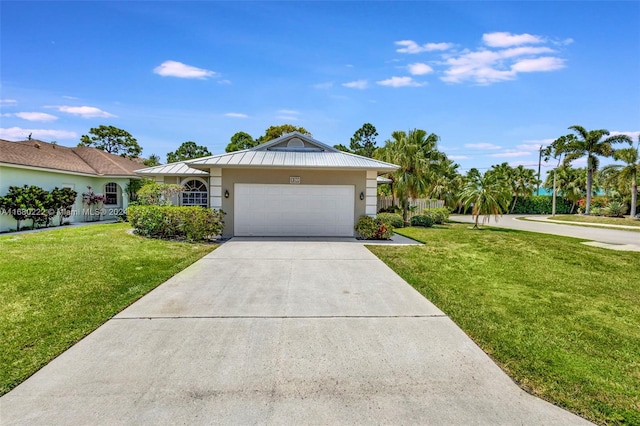 ranch-style home featuring a garage and a front lawn