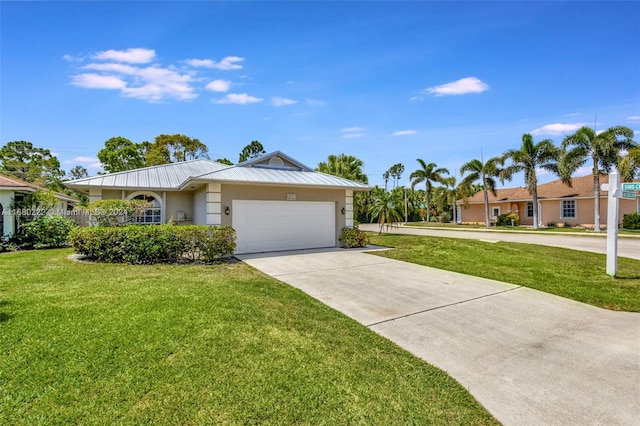 ranch-style home featuring a garage and a front lawn