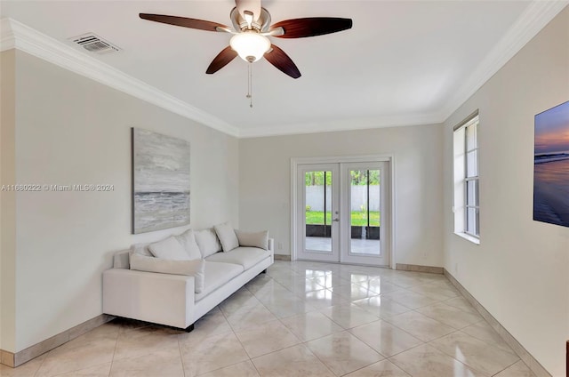 living room featuring light tile patterned flooring, ceiling fan, french doors, and ornamental molding