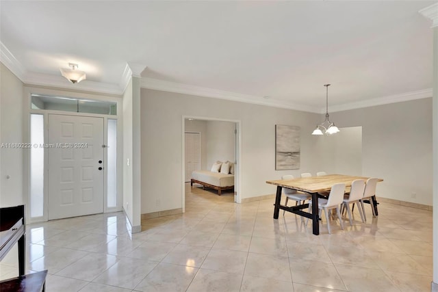 dining area featuring light tile patterned flooring, a chandelier, and crown molding