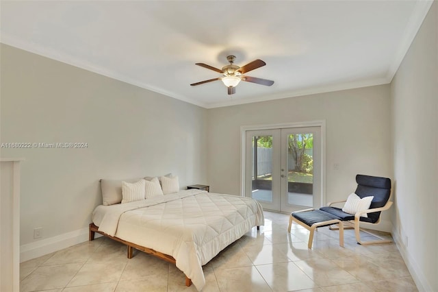 tiled bedroom featuring access to exterior, french doors, ceiling fan, and crown molding