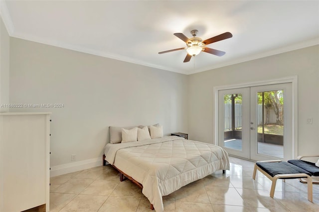 bedroom with ceiling fan, access to exterior, light tile patterned floors, crown molding, and french doors