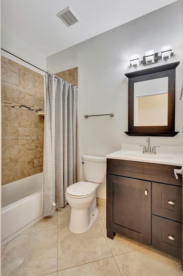 full bathroom featuring tile patterned flooring, vanity, shower / bathtub combination with curtain, and toilet