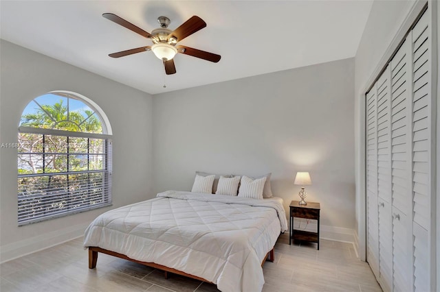 bedroom featuring ceiling fan and a closet