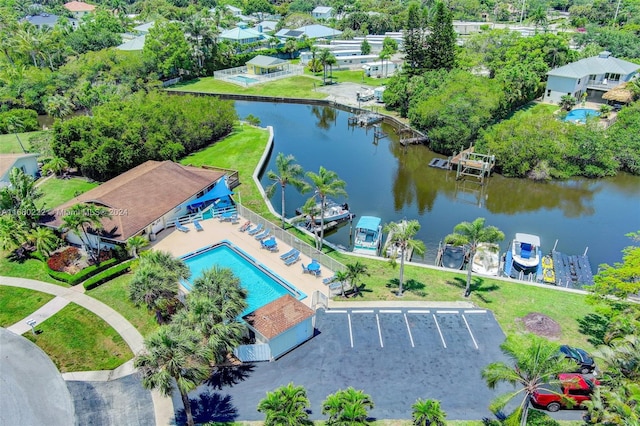 bird's eye view with a water view