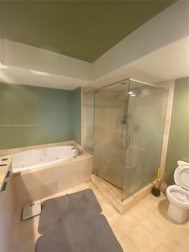 bathroom with tile patterned flooring, toilet, and plus walk in shower