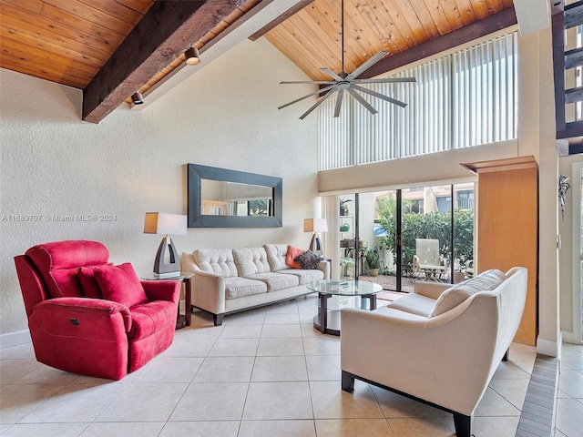 living room featuring high vaulted ceiling, beamed ceiling, wooden ceiling, and light tile patterned flooring