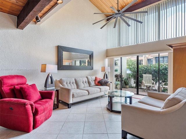 tiled living room with high vaulted ceiling, beamed ceiling, wooden ceiling, and ceiling fan