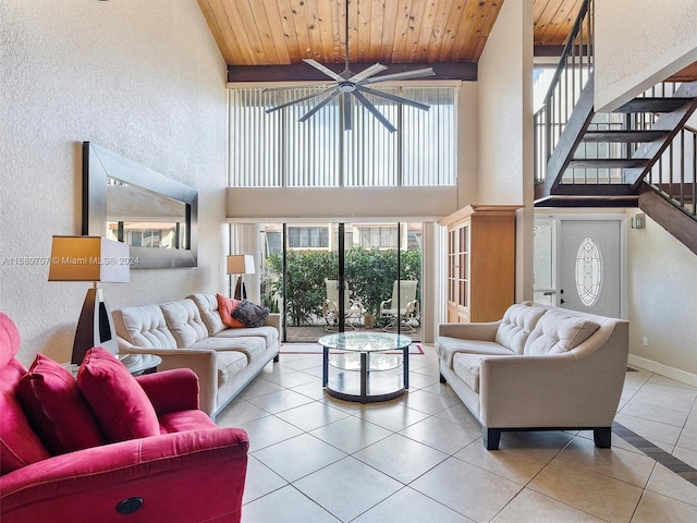 living room featuring light tile patterned floors, wood ceiling, and plenty of natural light