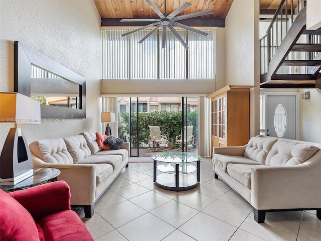 tiled living room featuring vaulted ceiling, wooden ceiling, ceiling fan, and plenty of natural light