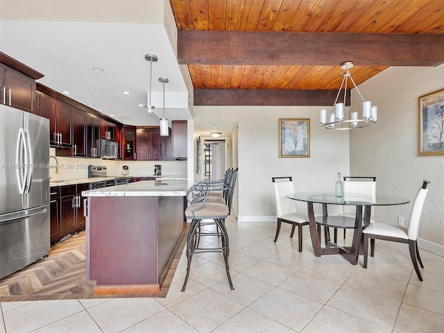 kitchen with appliances with stainless steel finishes, hanging light fixtures, a kitchen island, and wood ceiling