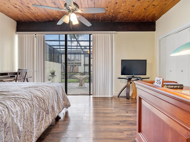 bedroom with wood-type flooring, wooden ceiling, ceiling fan, and access to exterior