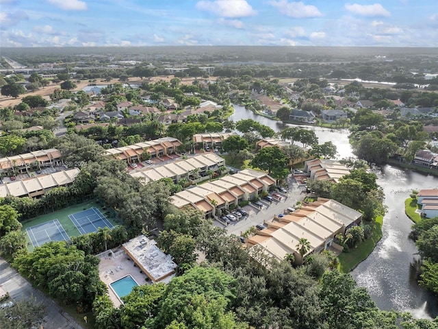 bird's eye view with a water view