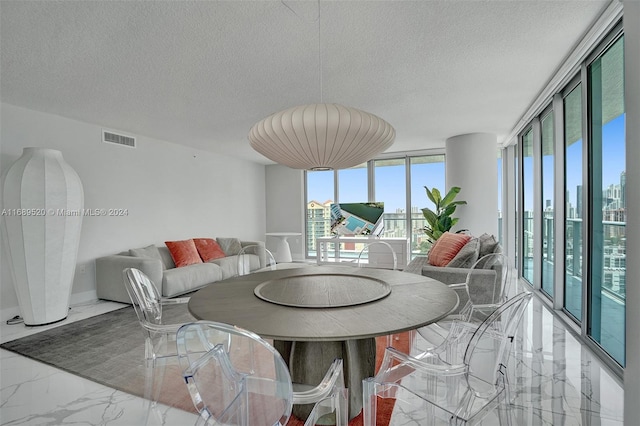 dining area with expansive windows and a textured ceiling