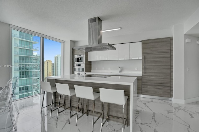 kitchen with ventilation hood, a breakfast bar, white cabinetry, and a kitchen island with sink