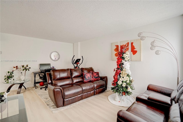 living room with wood-type flooring and a textured ceiling