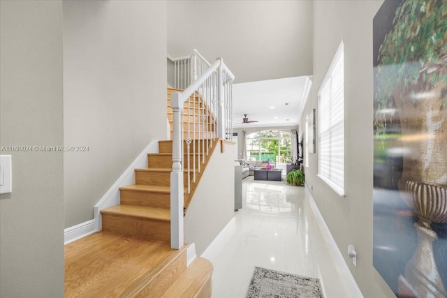 stairway with ceiling fan and wood-type flooring