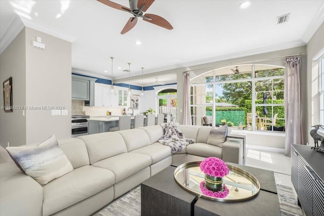 living room featuring ceiling fan, crown molding, and sink