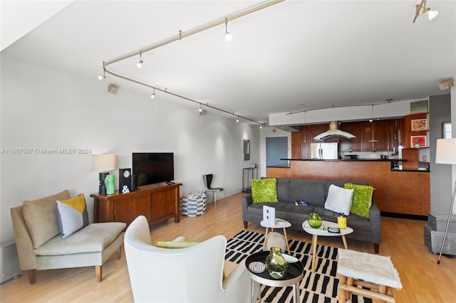 living room with light hardwood / wood-style floors and rail lighting