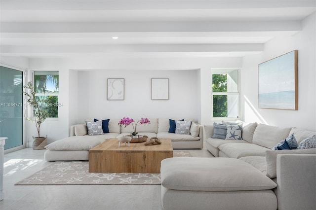 living room with beamed ceiling